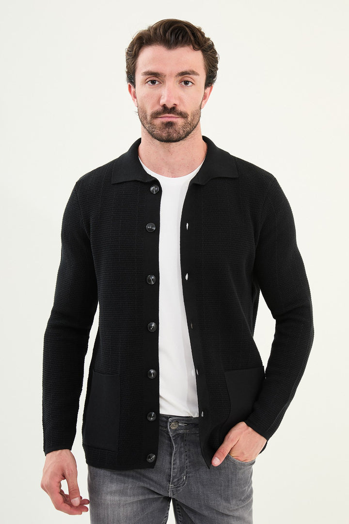 Menβs Knitted Button-Up Cardigan β Black
