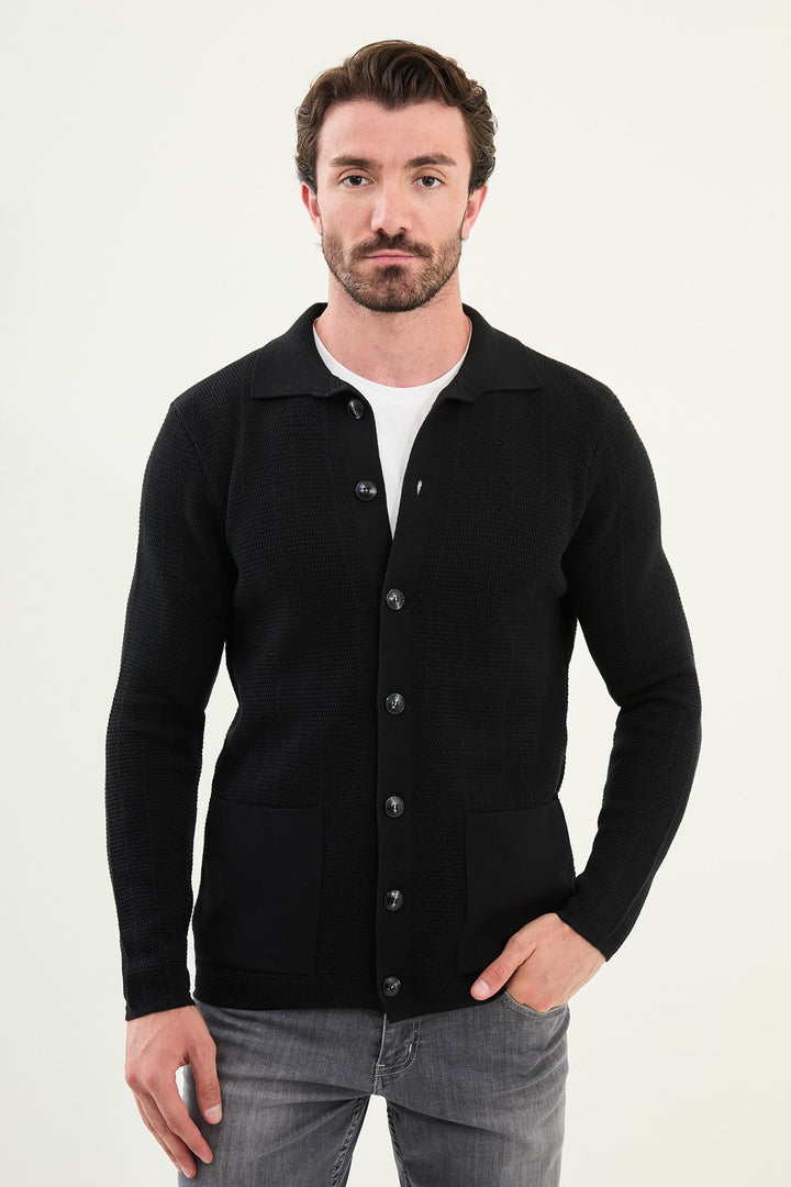 Menβs Knitted Button-Up Cardigan β Black