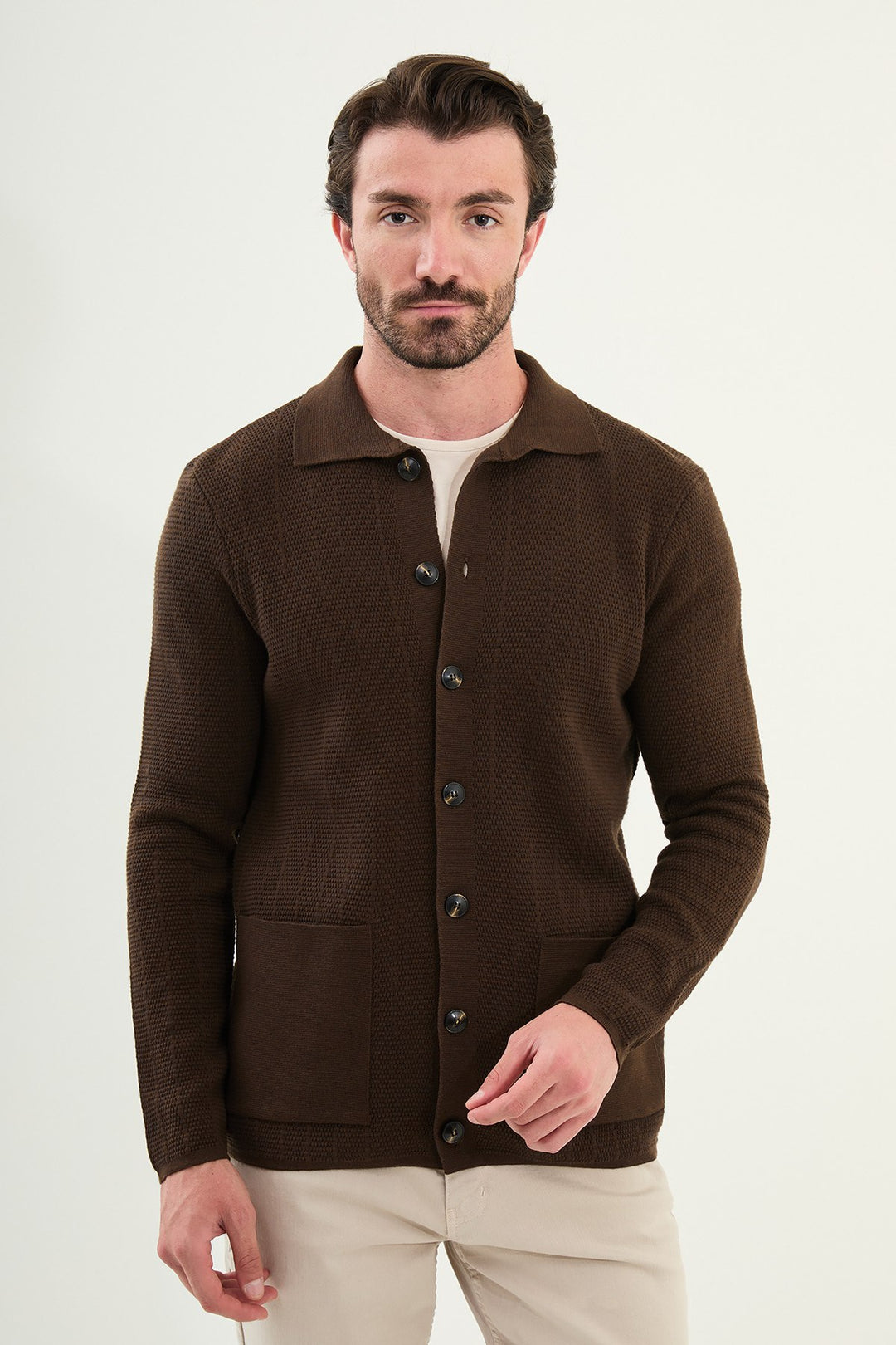 Menβs Knitted Button-Up Cardigan β Brown