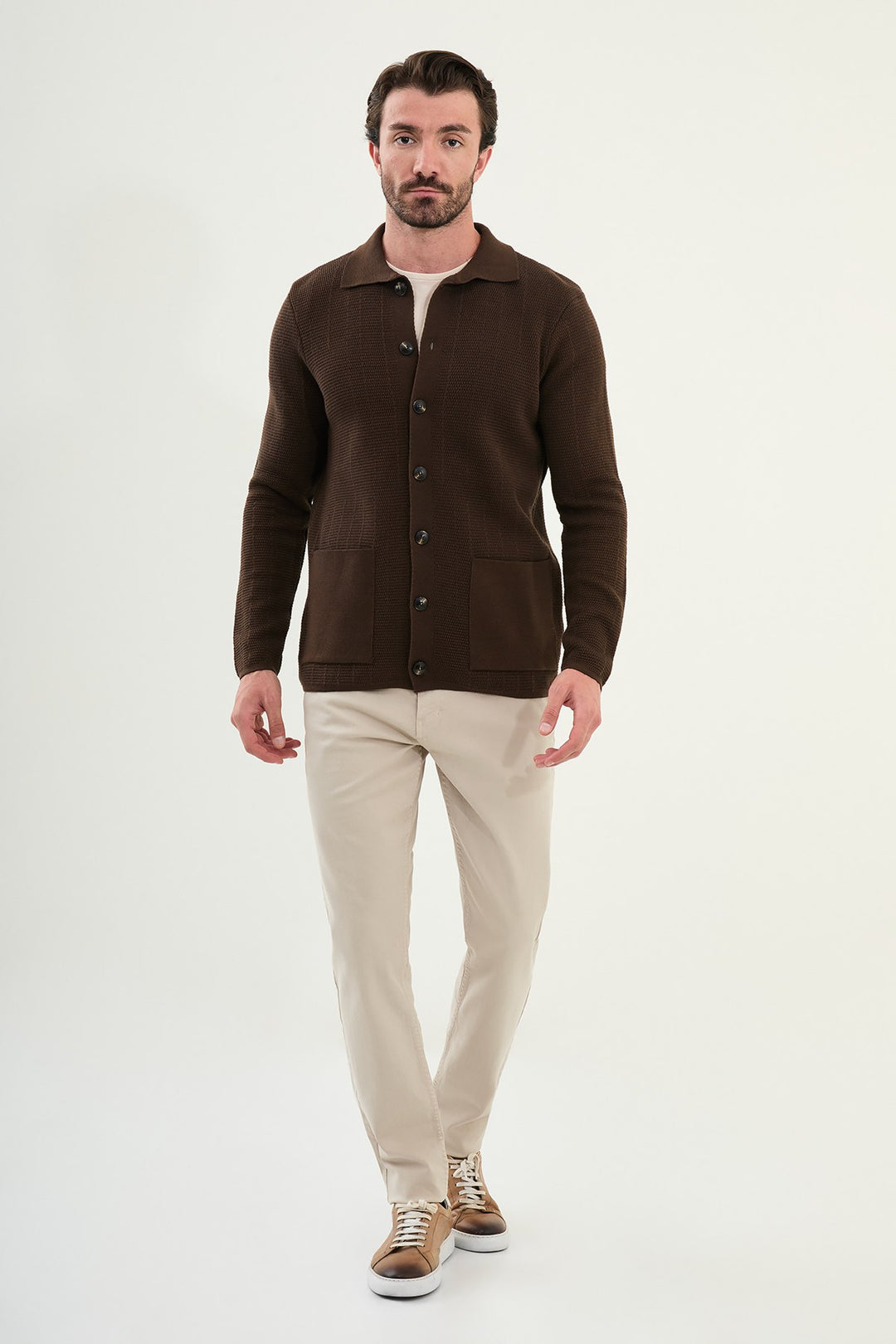 Menβs Knitted Button-Up Cardigan β Brown