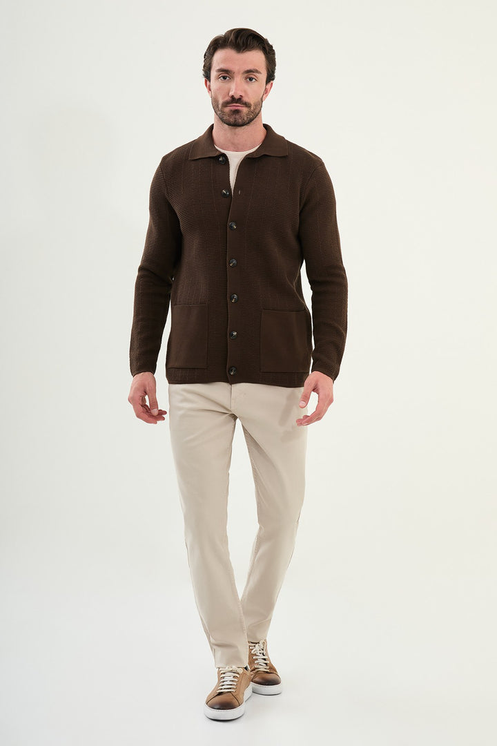 Menβs Knitted Button-Up Cardigan β Brown