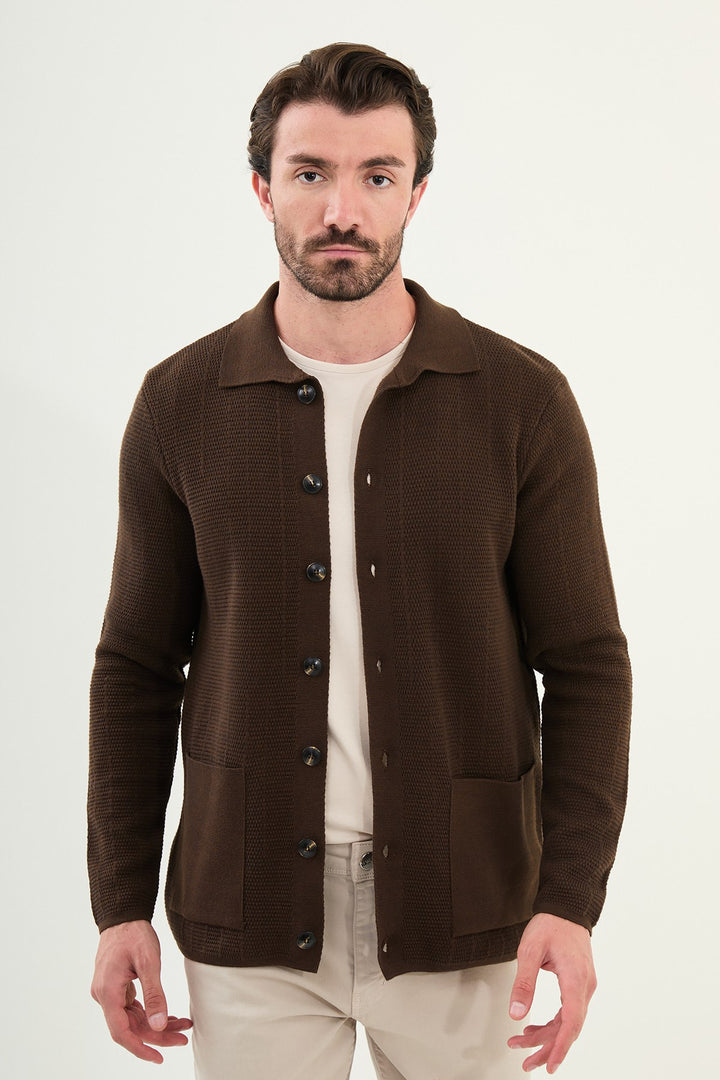 Menβs Knitted Button-Up Cardigan β Brown
