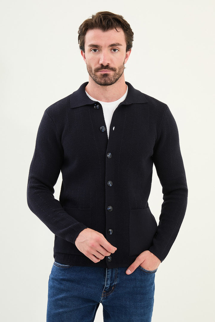 Menβs Knitted Button-Up Cardigan β Navy Blue