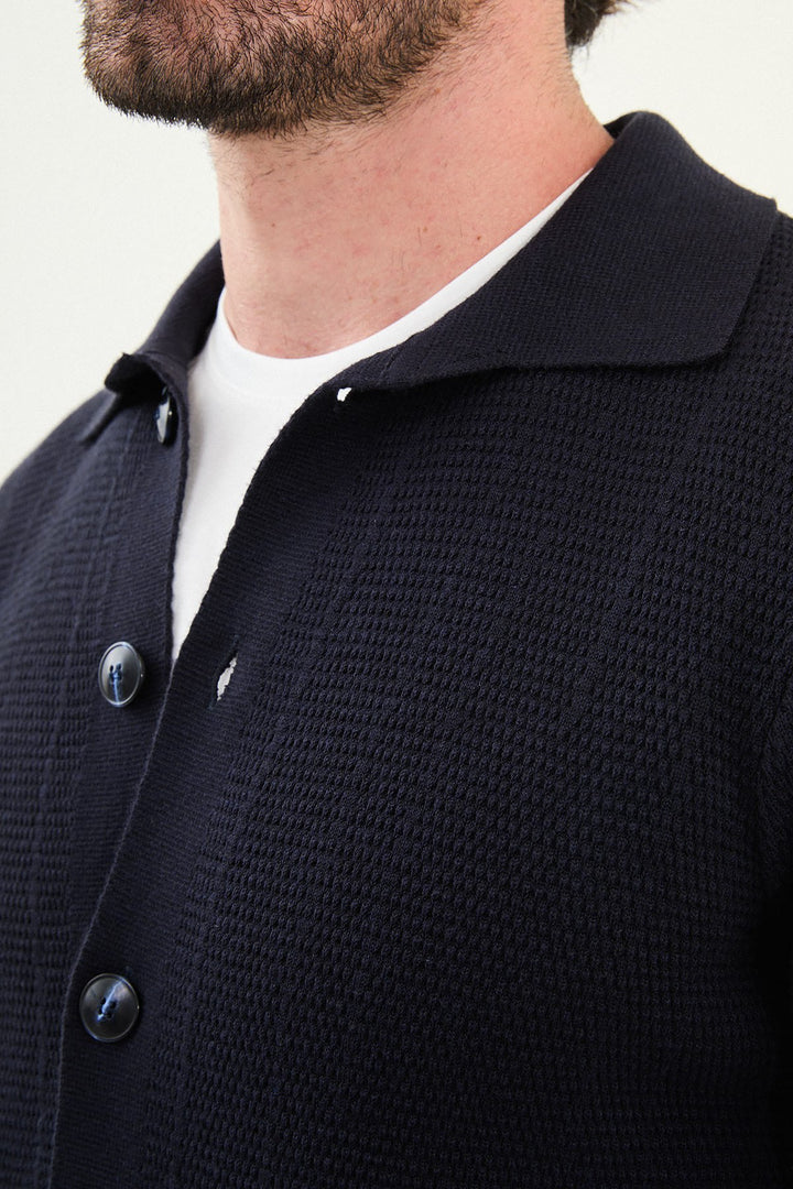 Menβs Knitted Button-Up Cardigan β Navy Blue