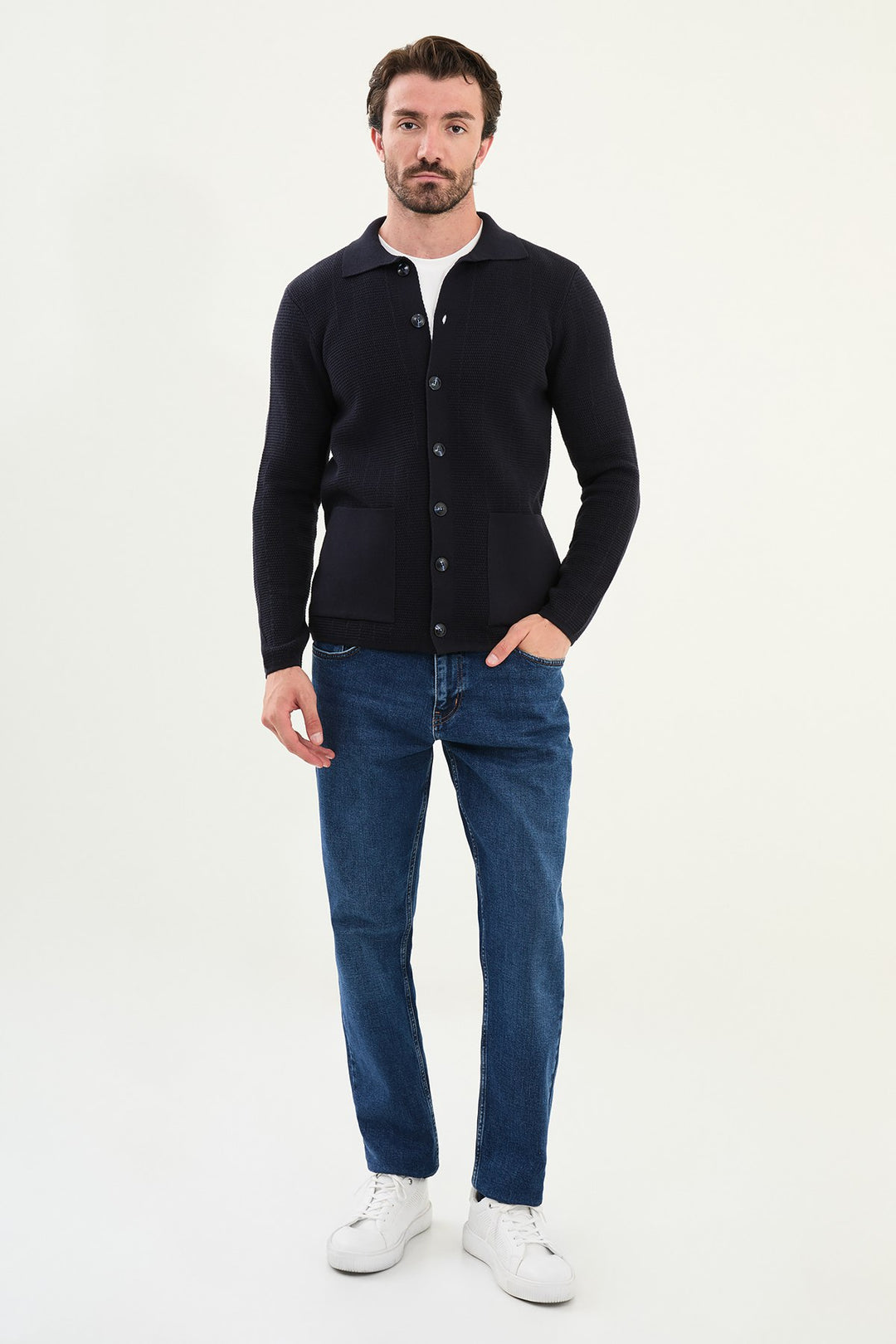 Menβs Knitted Button-Up Cardigan β Navy Blue