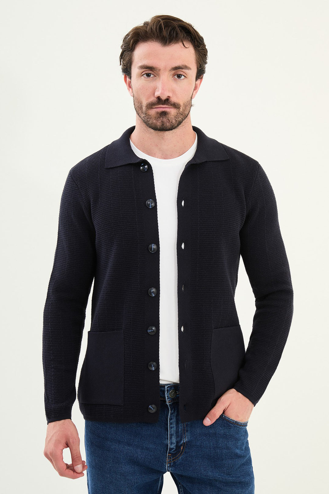 Menβs Knitted Button-Up Cardigan β Navy Blue