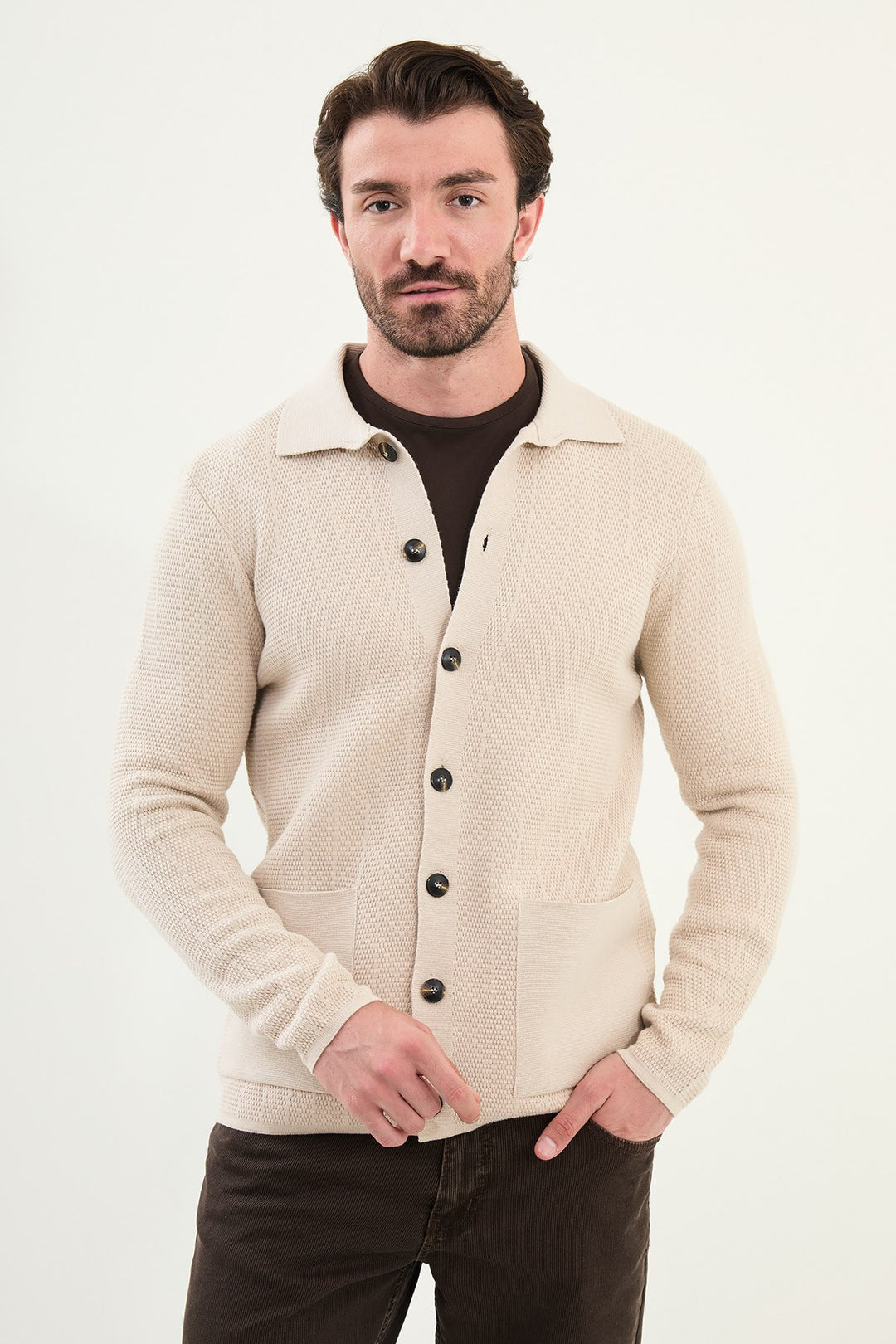Men’s Knitted Button-Up Cardigan – Beige