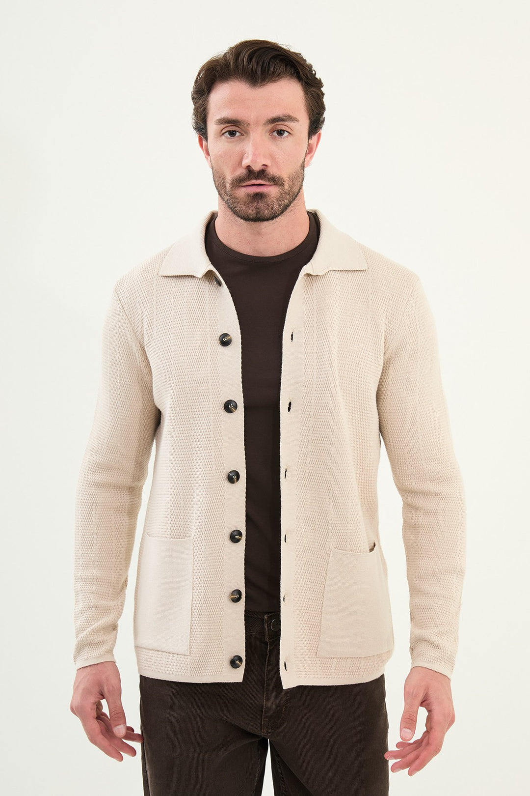 Men’s Knitted Button-Up Cardigan – Beige
