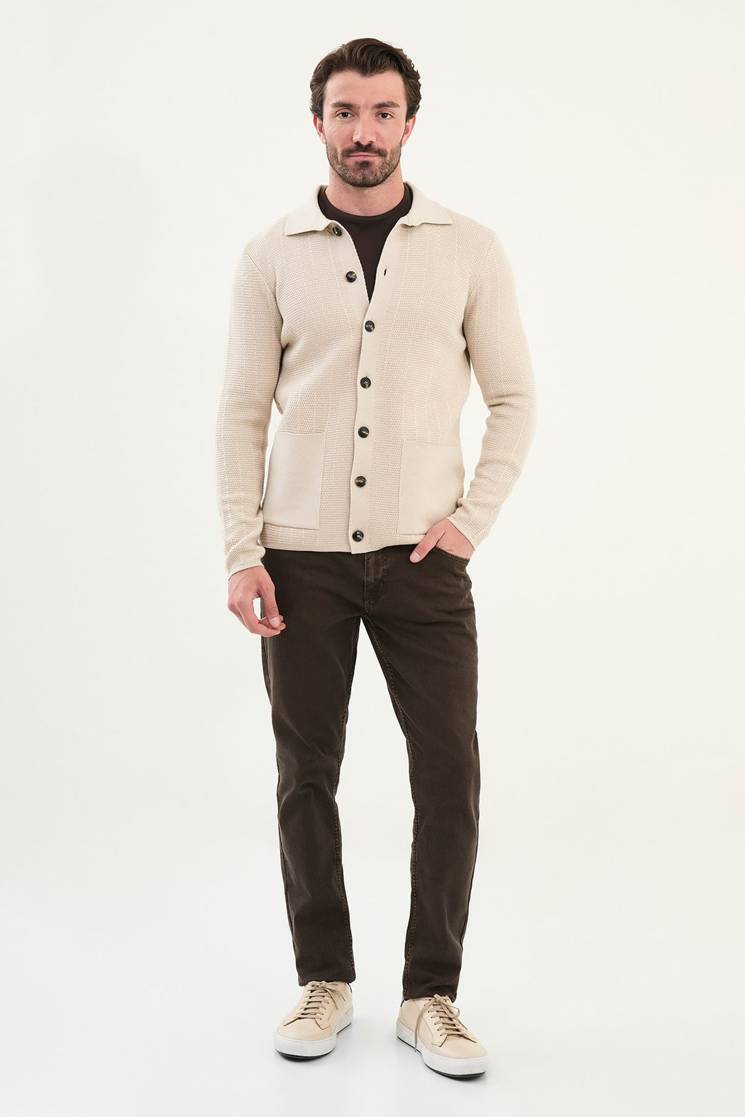 Men’s Knitted Button-Up Cardigan – Beige