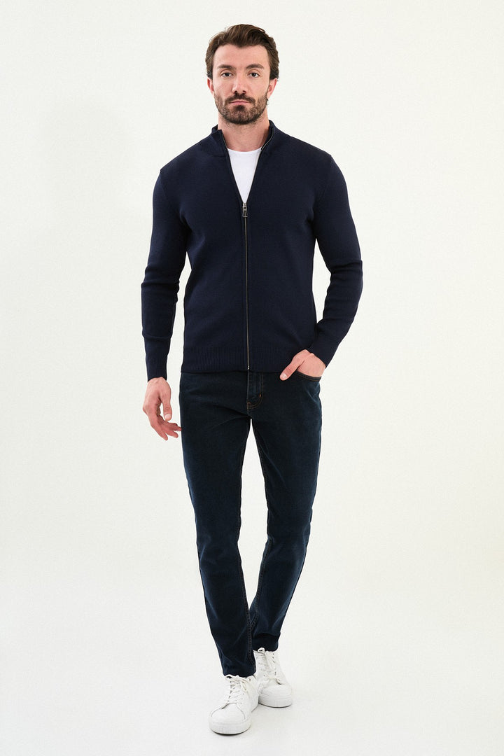 Menβs Knitted Zip Cardigan β Navy Blue