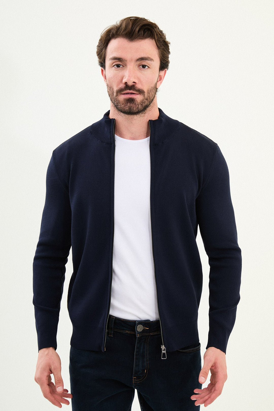 Menβs Knitted Zip Cardigan β Navy Blue