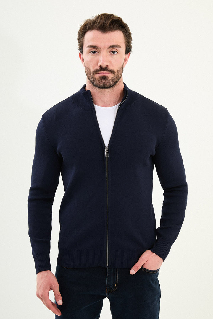 Menβs Knitted Zip Cardigan β Navy Blue