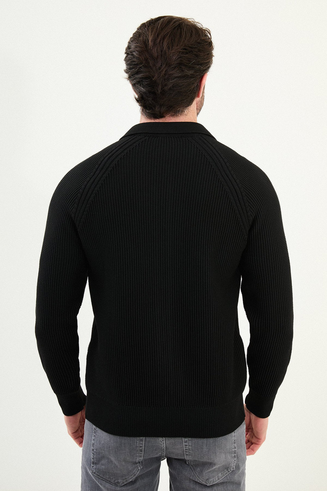 Textured Knitted Zip Polo Jacket β Black