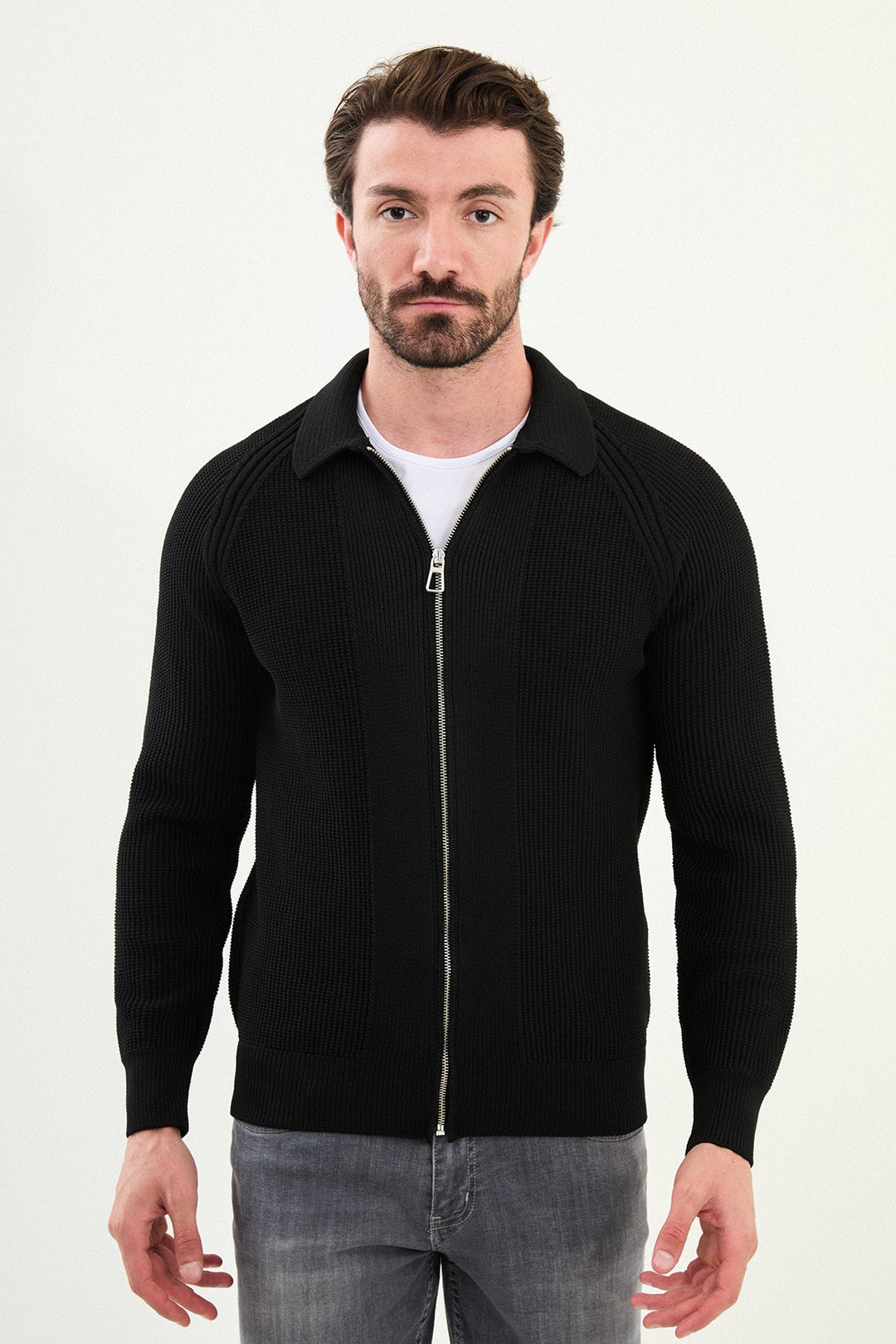 Textured Knitted Zip Polo Jacket β Black