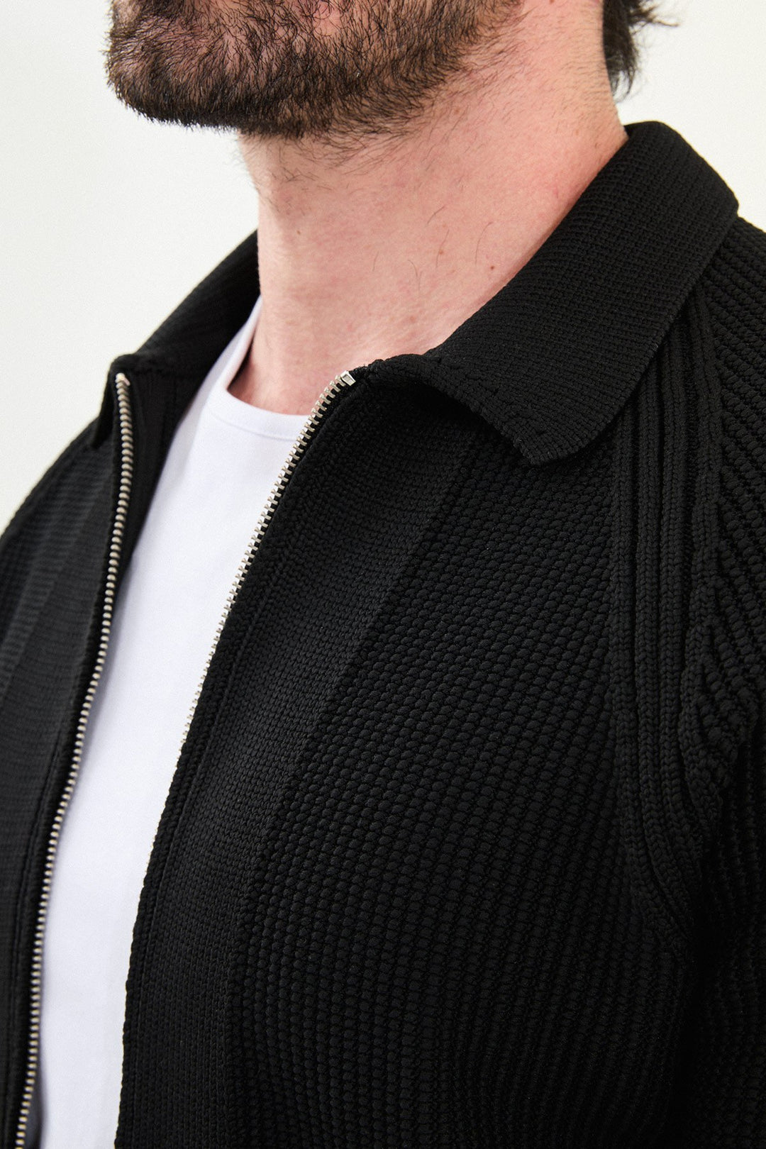 Textured Knitted Zip Polo Jacket β Black