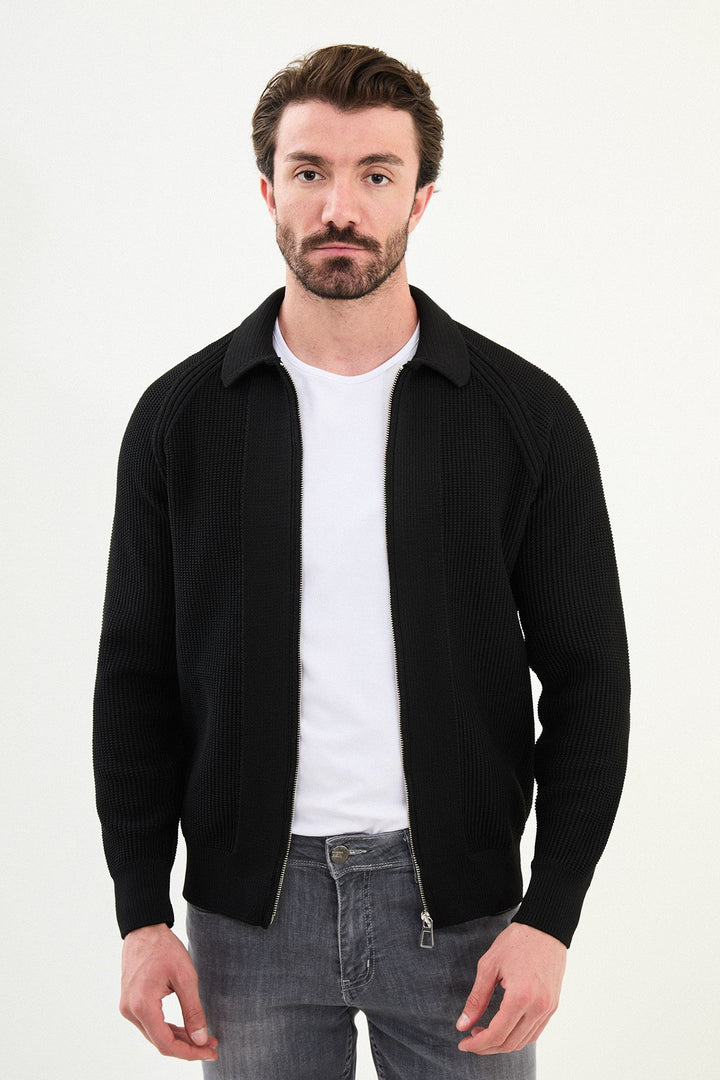 Textured Knitted Zip Polo Jacket β Black