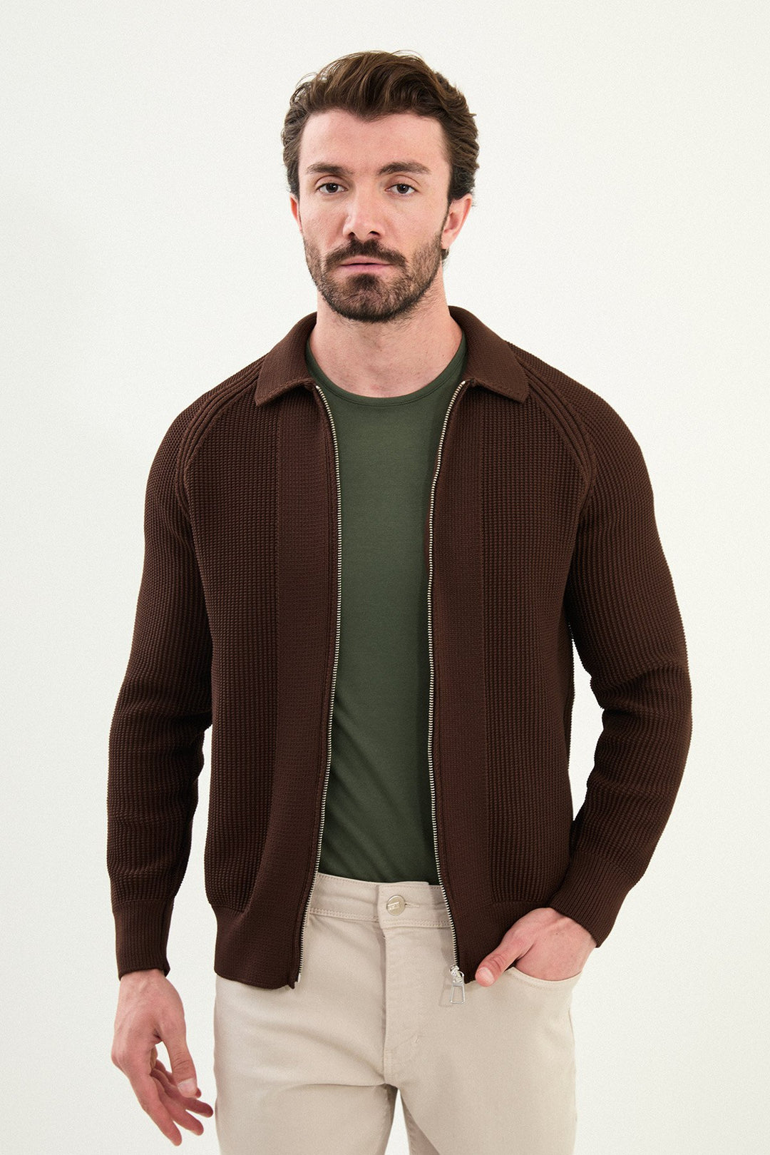 Textured Knitted Zip Polo Jacket β Brown