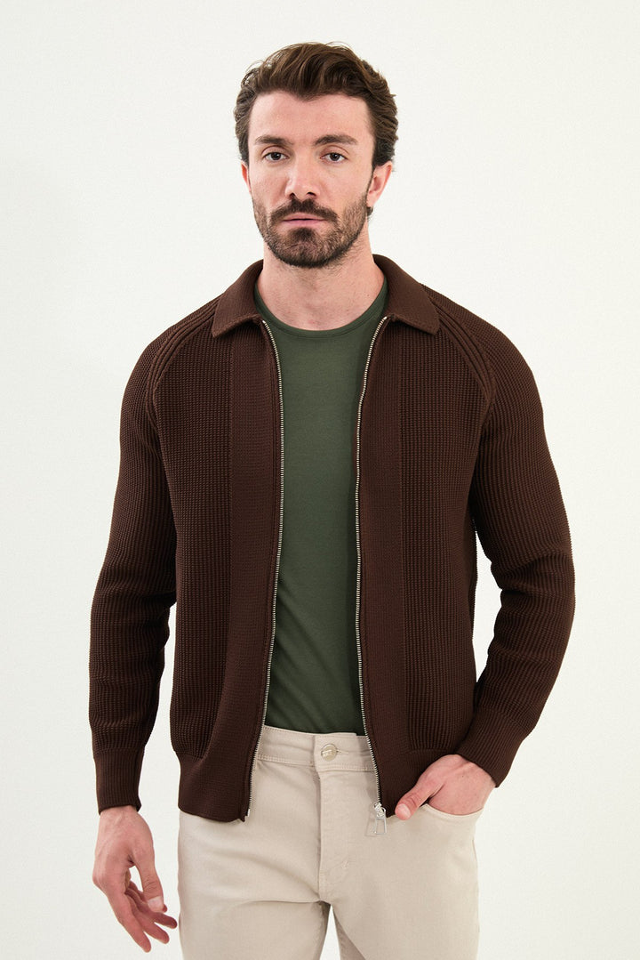 Textured Knitted Zip Polo Jacket β Brown