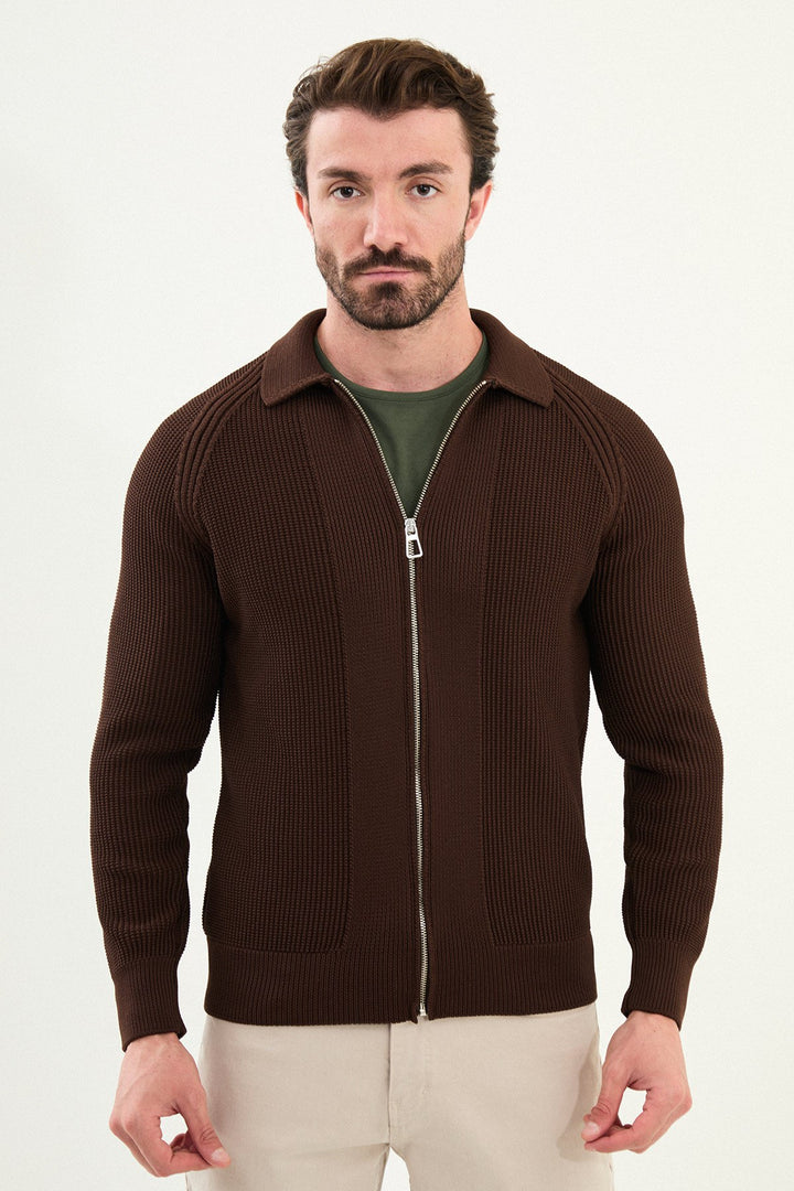 Textured Knitted Zip Polo Jacket β Brown