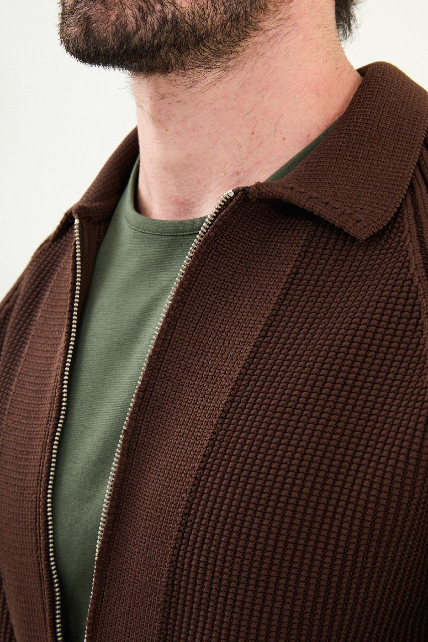 Textured Knitted Zip Polo Jacket β Brown