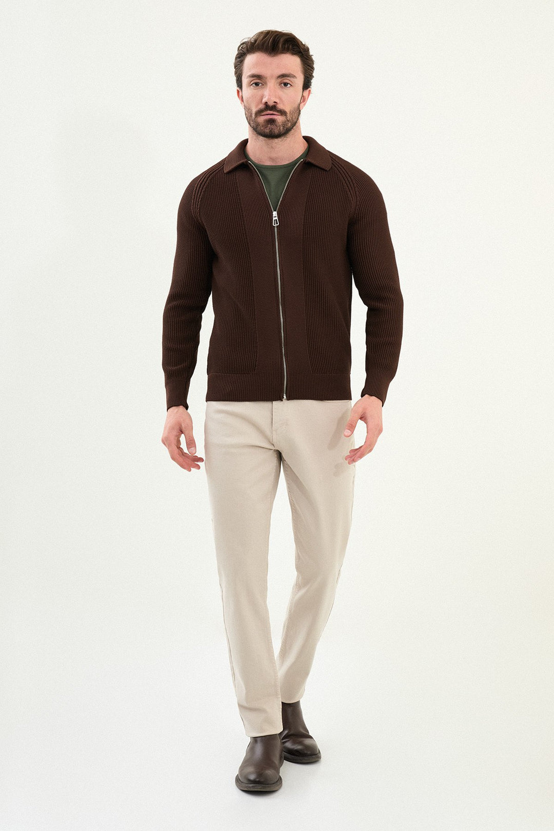 Textured Knitted Zip Polo Jacket β Brown