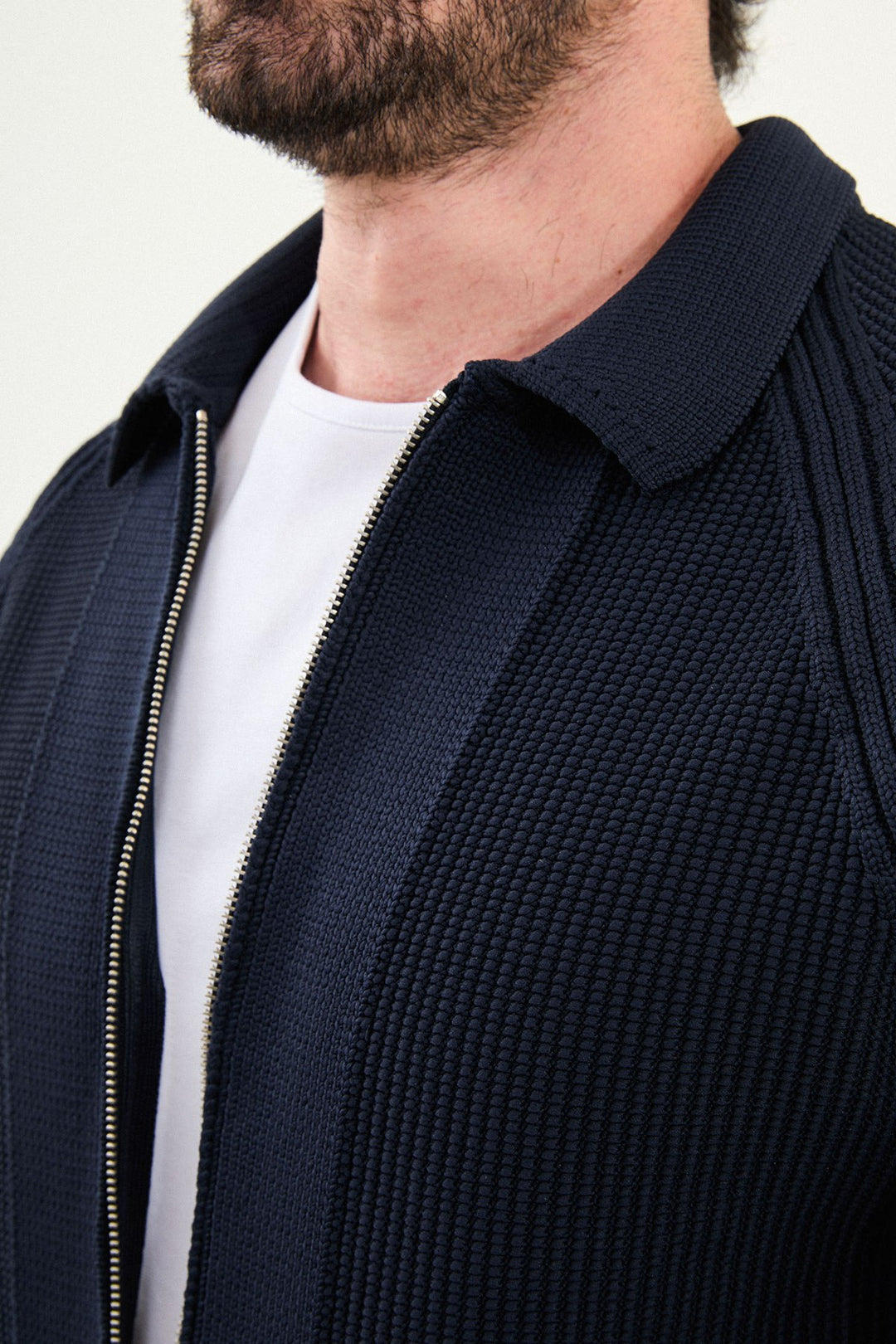 Textured Knitted Zip Polo Jacket β Navy Blue