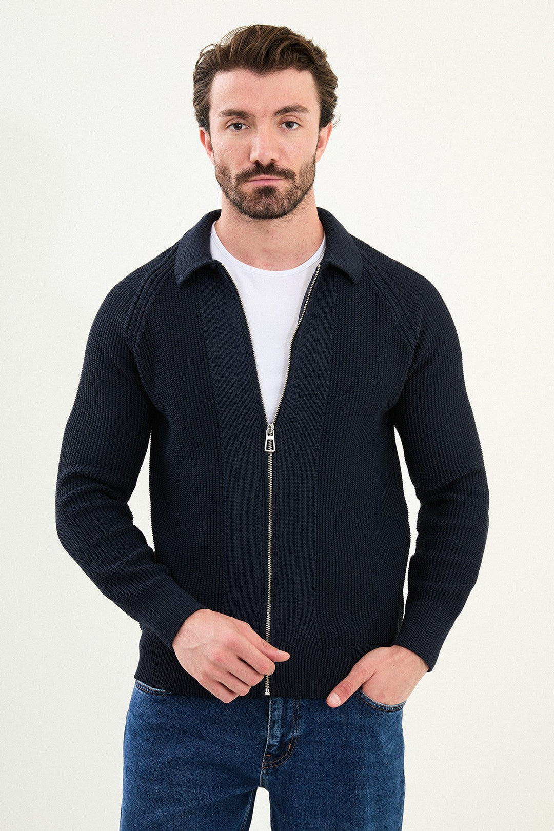Textured Knitted Zip Polo Jacket β Navy Blue