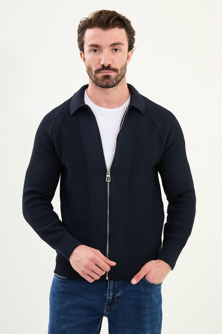 Textured Knitted Zip Polo Jacket β Navy Blue