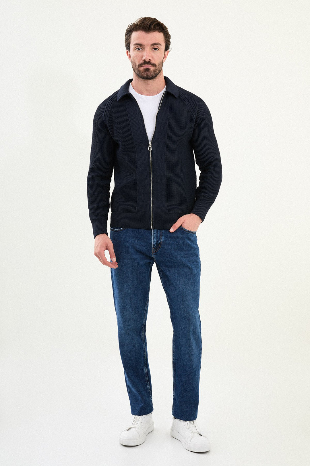 Textured Knitted Zip Polo Jacket β Navy Blue