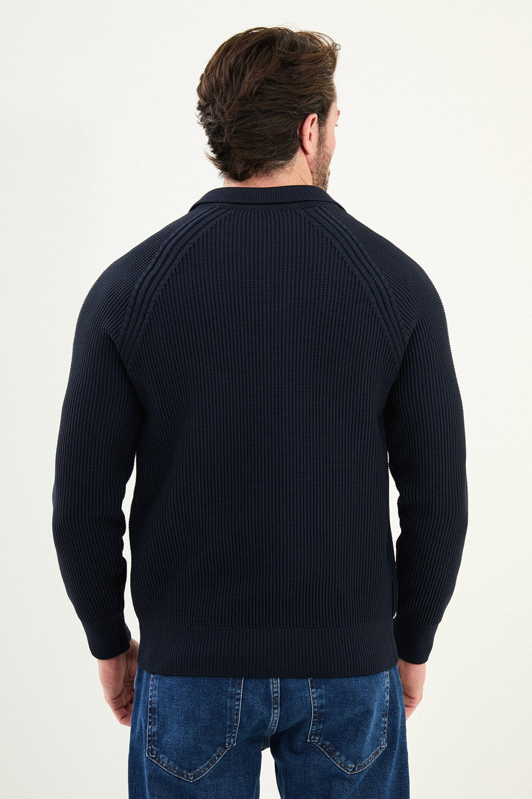 Textured Knitted Zip Polo Jacket β Navy Blue