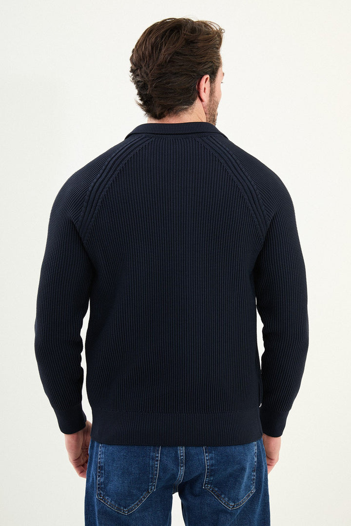 Textured Knitted Zip Polo Jacket β Navy Blue