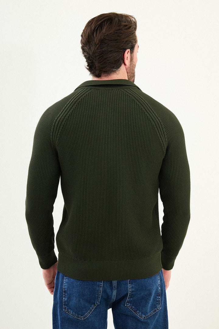 Textured Knitted Zip Polo Jacket β Green