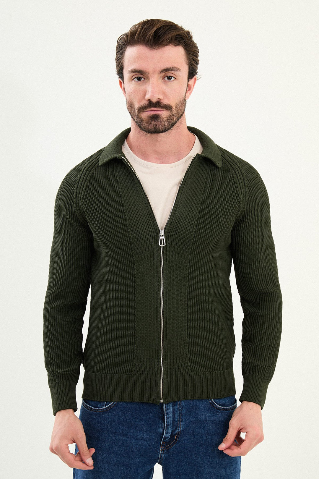 Textured Knitted Zip Polo Jacket β Green