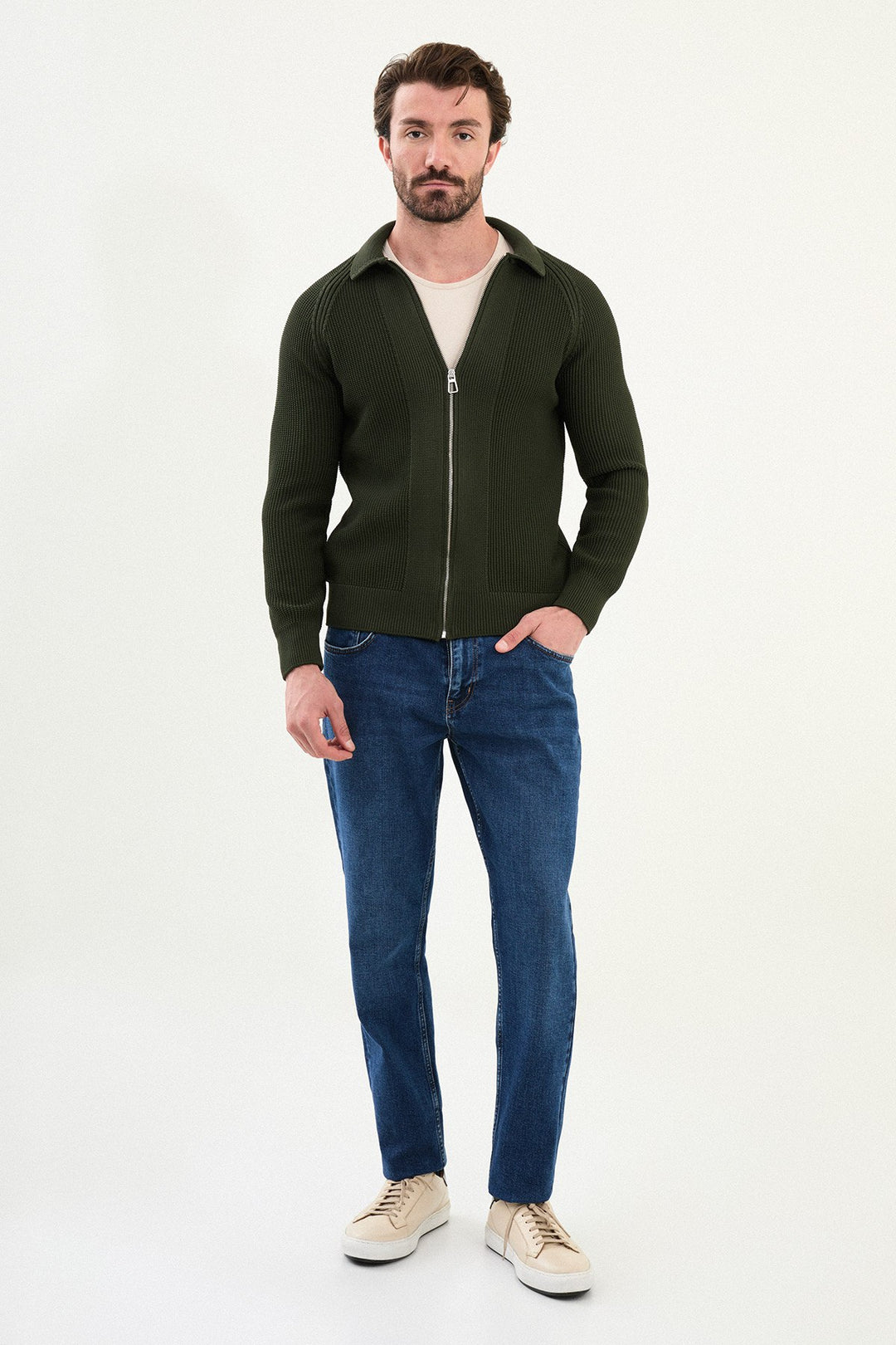 Textured Knitted Zip Polo Jacket β Green