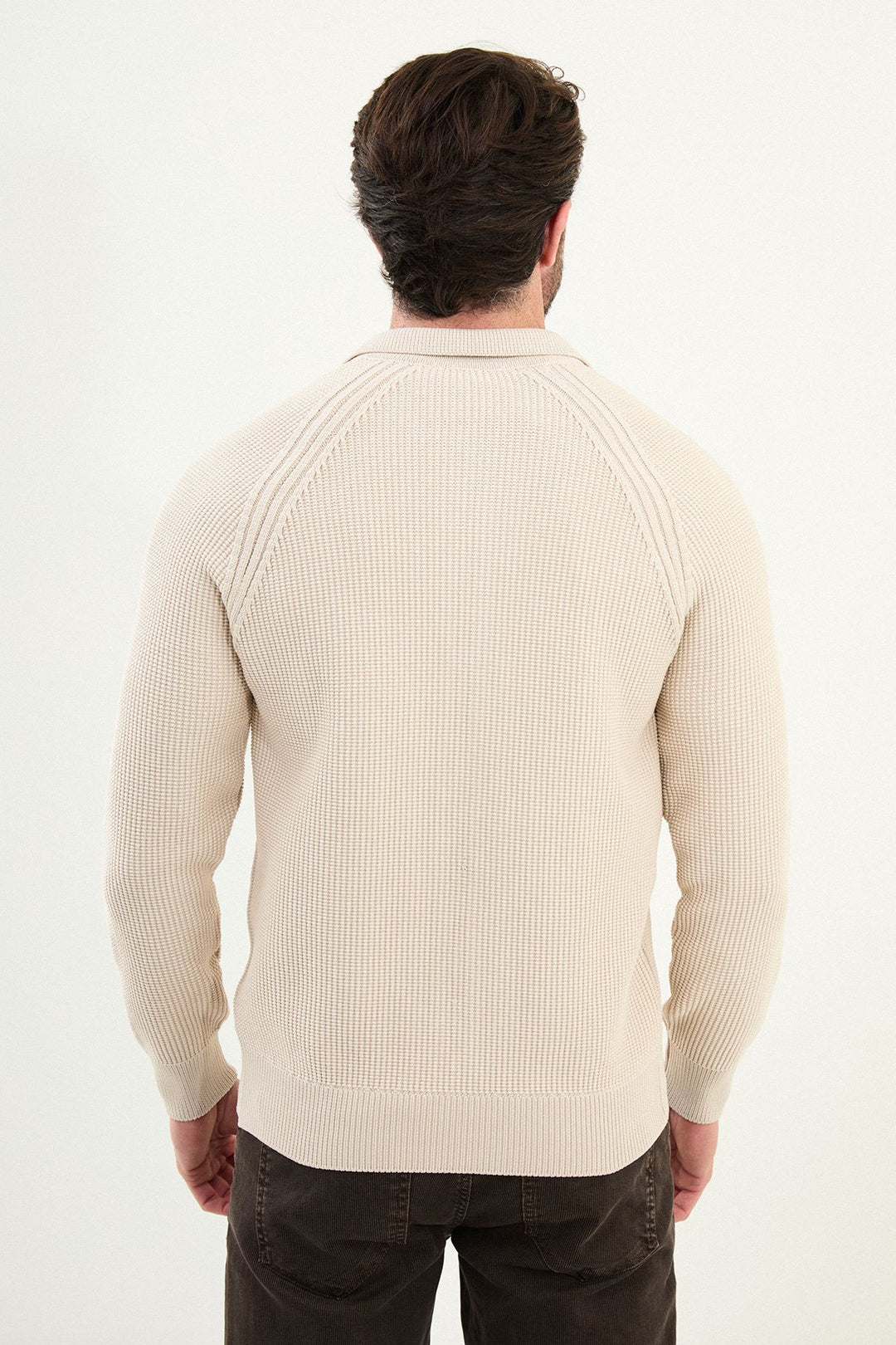 Textured Knitted Zip Polo Jacket β Beige