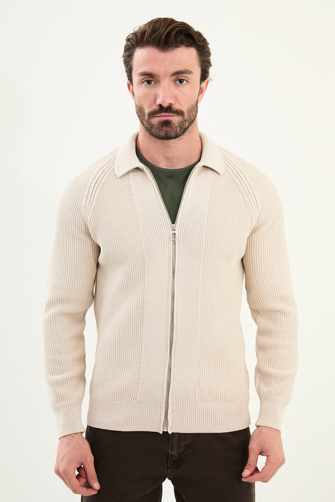Textured Knitted Zip Polo Jacket β Beige