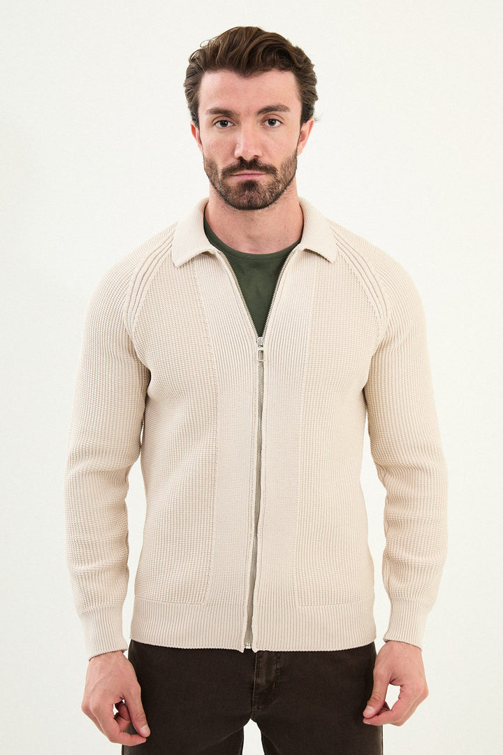 Textured Knitted Zip Polo Jacket β Beige