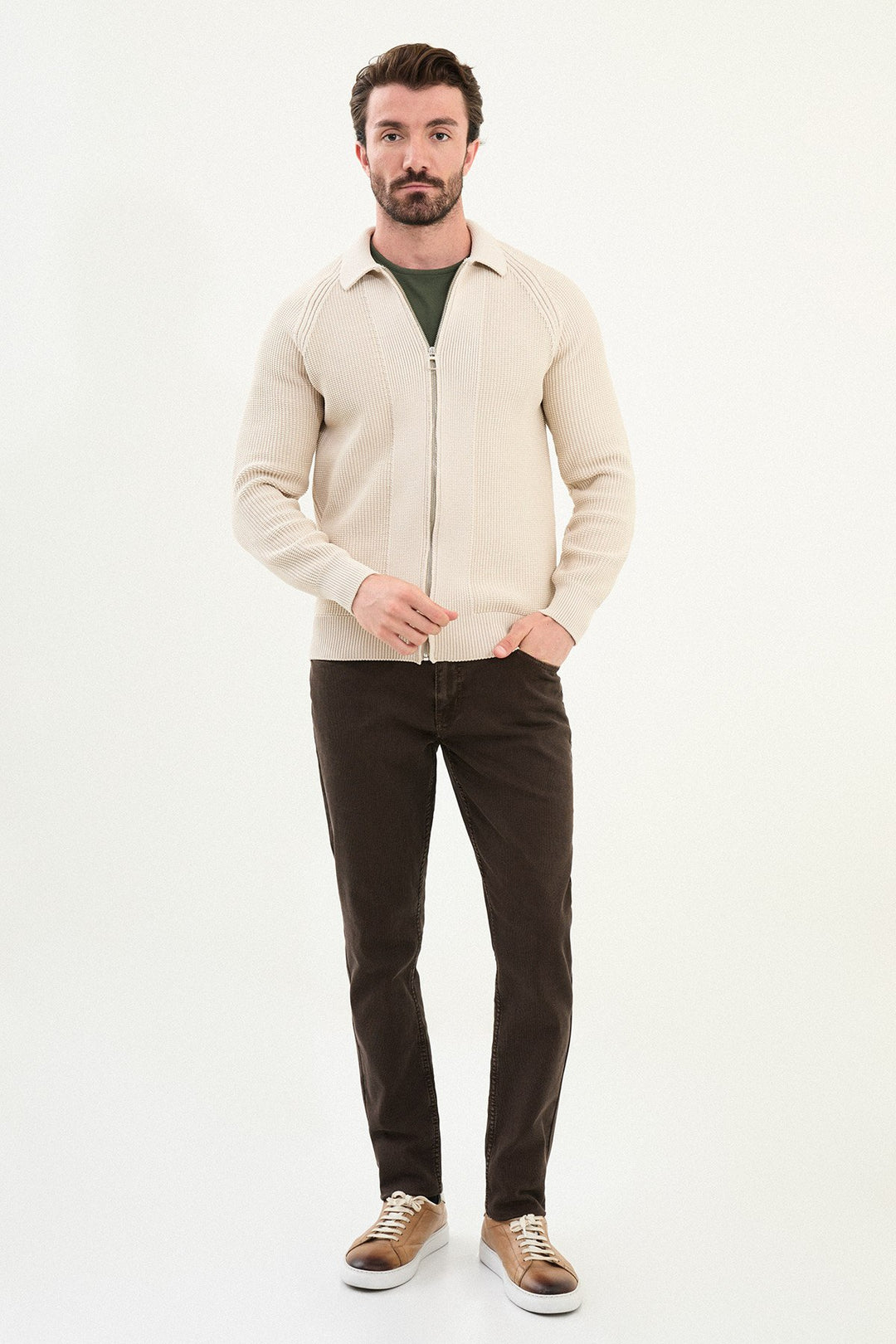 Textured Knitted Zip Polo Jacket β Beige