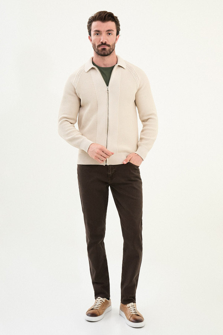 Textured Knitted Zip Polo Jacket β Beige