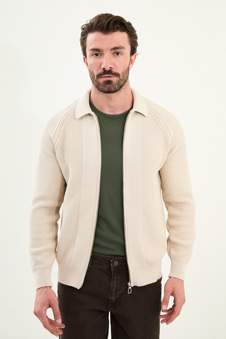 Textured Knitted Zip Polo Jacket β Beige