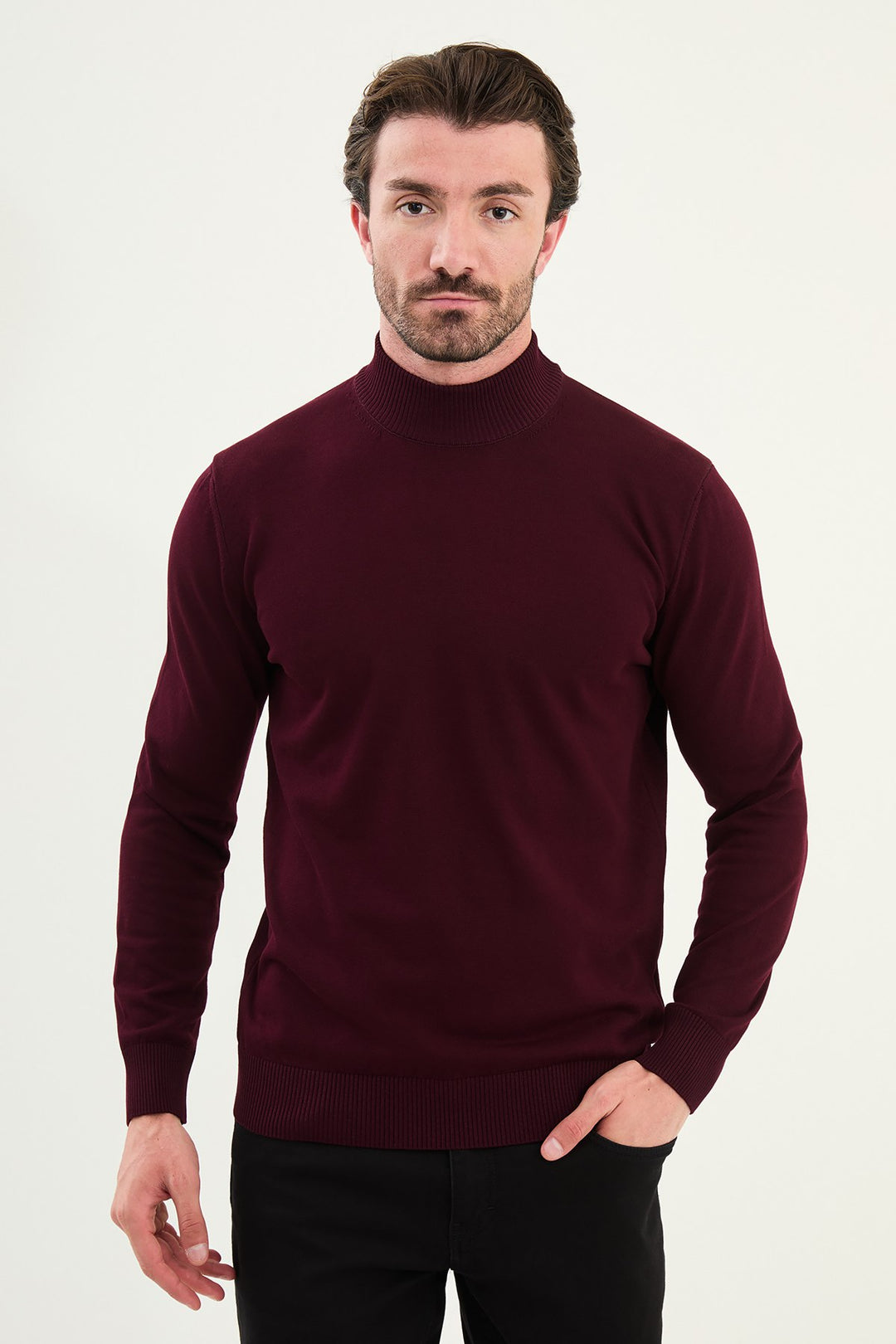 Knitted Mock Neck Sweater β Burgundy