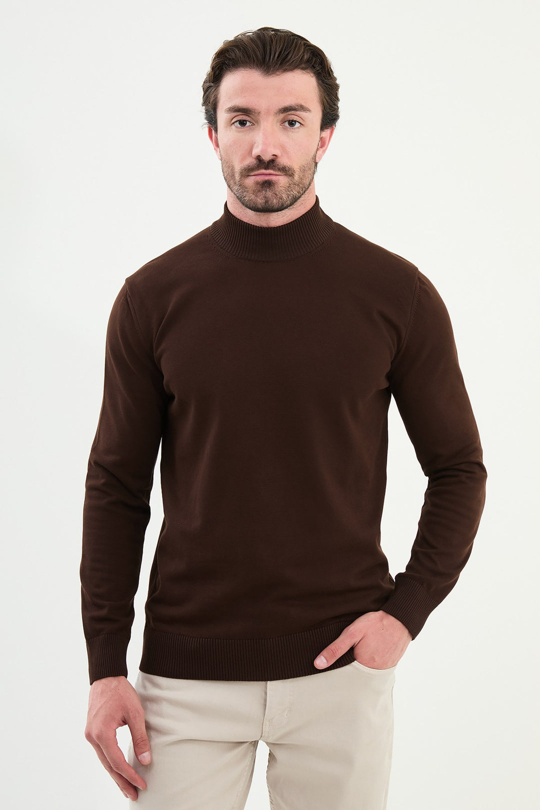 Knitted Mock Neck Sweater β Brown