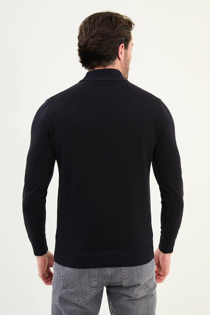 Knitted Mock Neck Sweater β Navy Blue