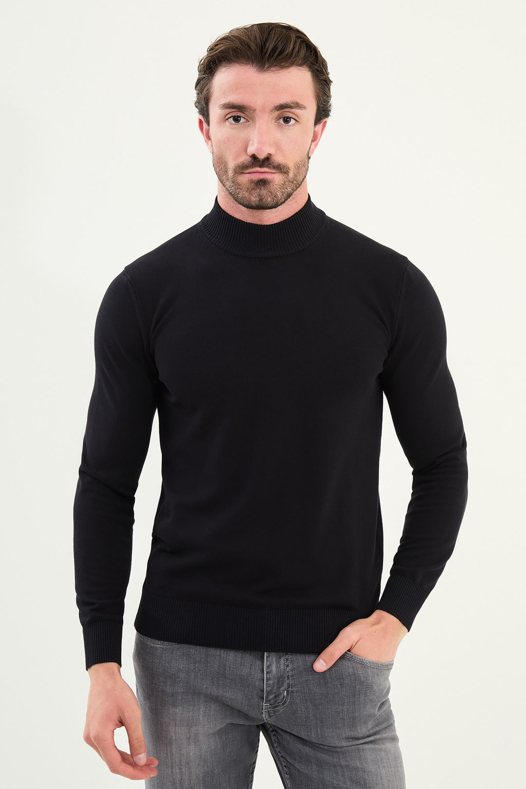 Knitted Mock Neck Sweater β Navy Blue
