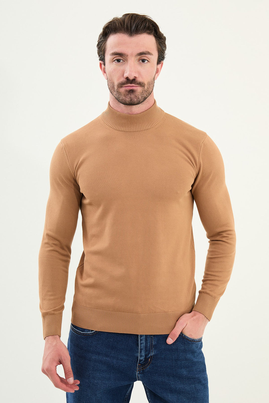 Knitted Mock Neck Sweater β Camel
