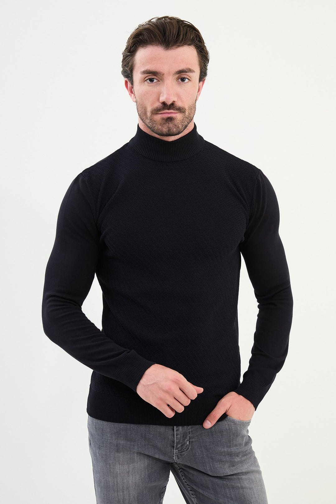 Classic Patterned Turtleneck - Navy Blue