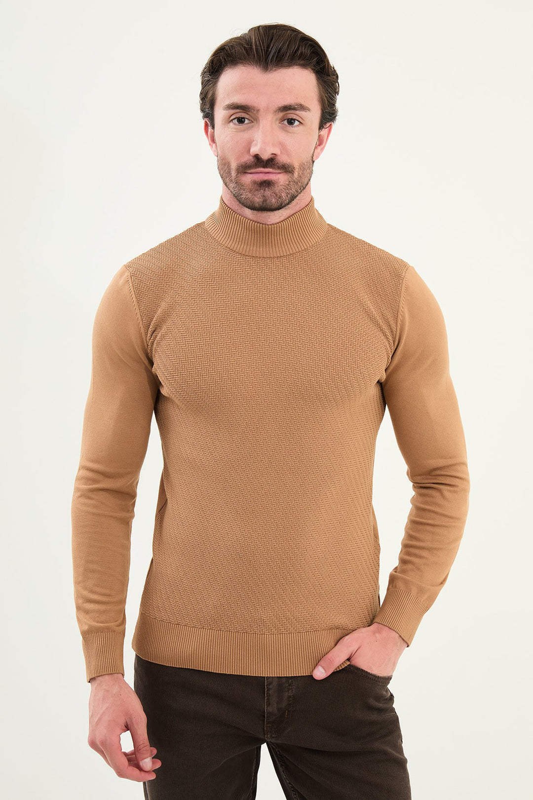 Classic Patterned Turtleneck - Camel