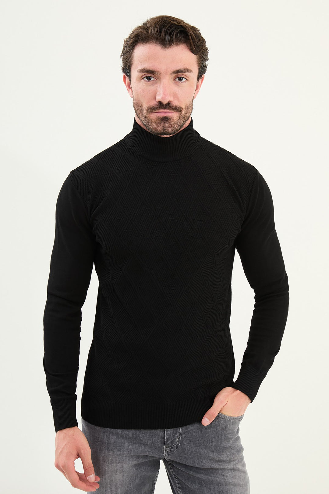 Textured Diamond Knit Turtleneck Sweater - Black