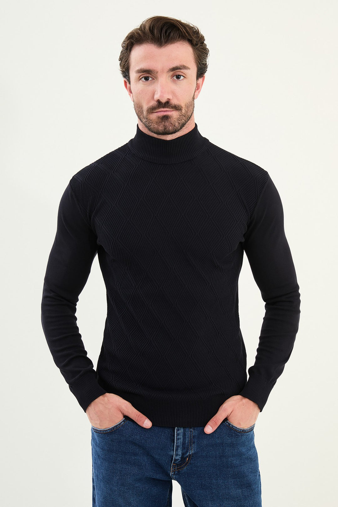 Textured Diamond Knit Turtleneck Sweater - Navy Blue