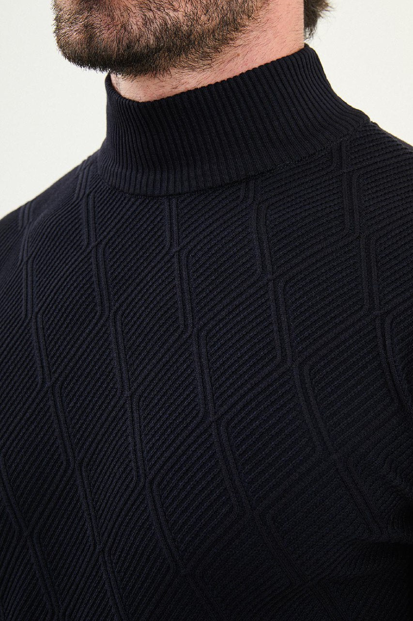 Textured Diamond Knit Turtleneck Sweater - Navy Blue